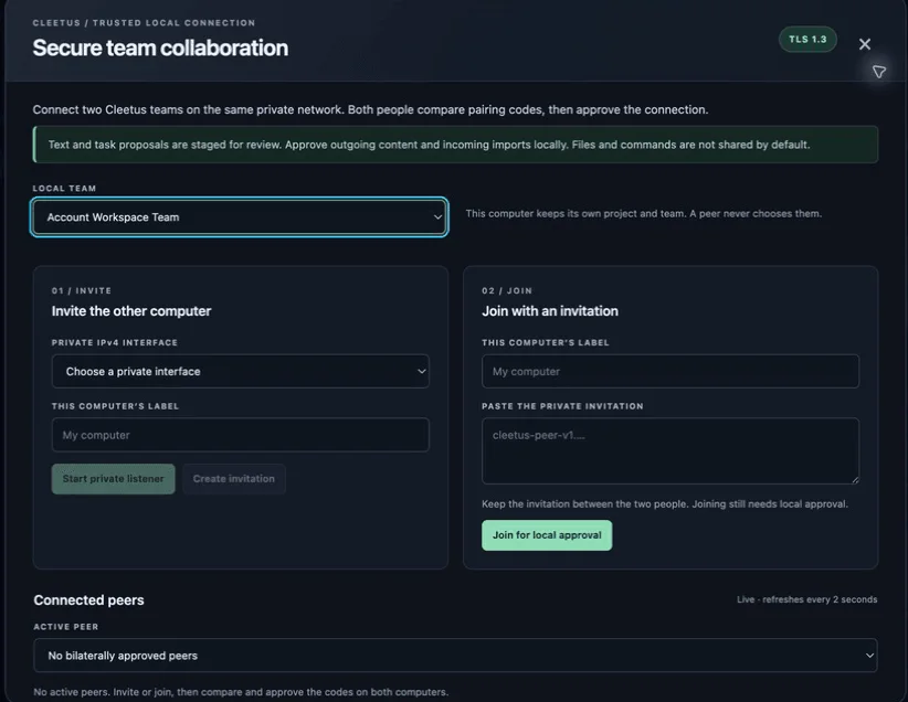 The Secure team collaboration dialog in Cleetus IDE