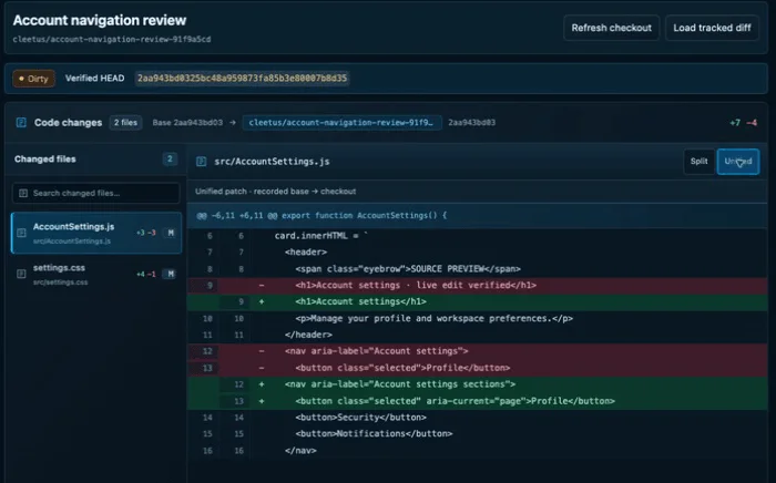 Review & Ship: an owned worktree, its changed files and a unified diff