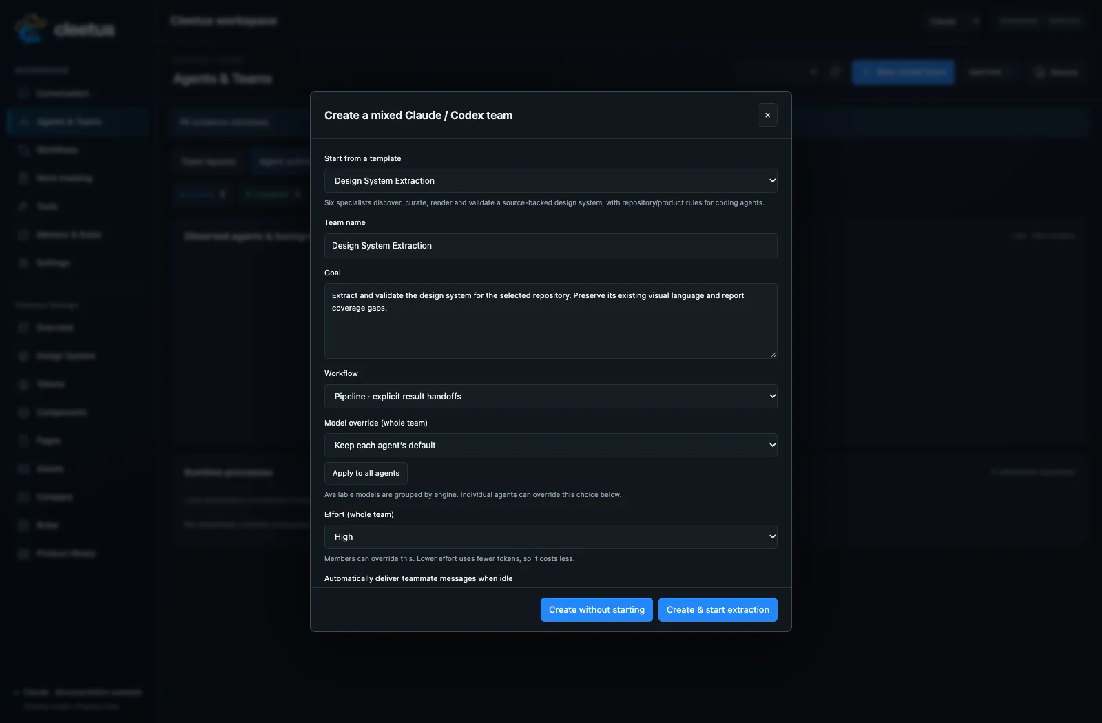 Current extraction team setup; all specialist prompts remain editable