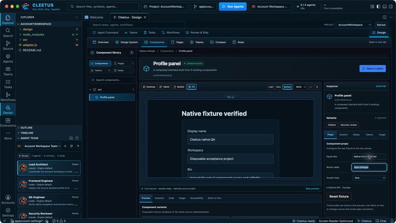 Native Design component library, live canvas, source and properties