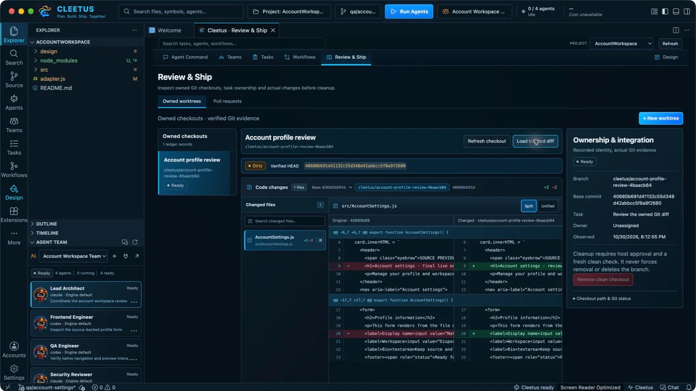 Native Review with a real local Git change and split diff