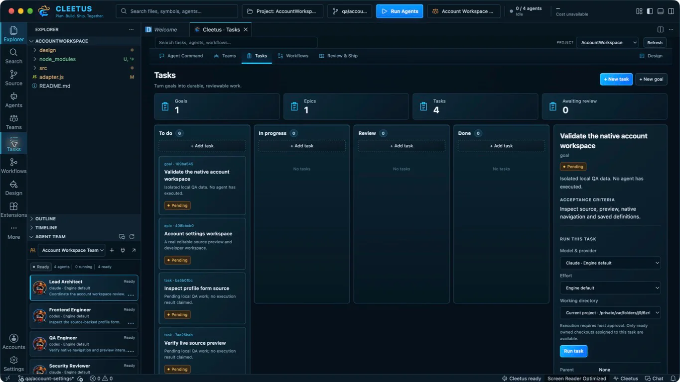 Native Tasks board and inspector with pending local tasks